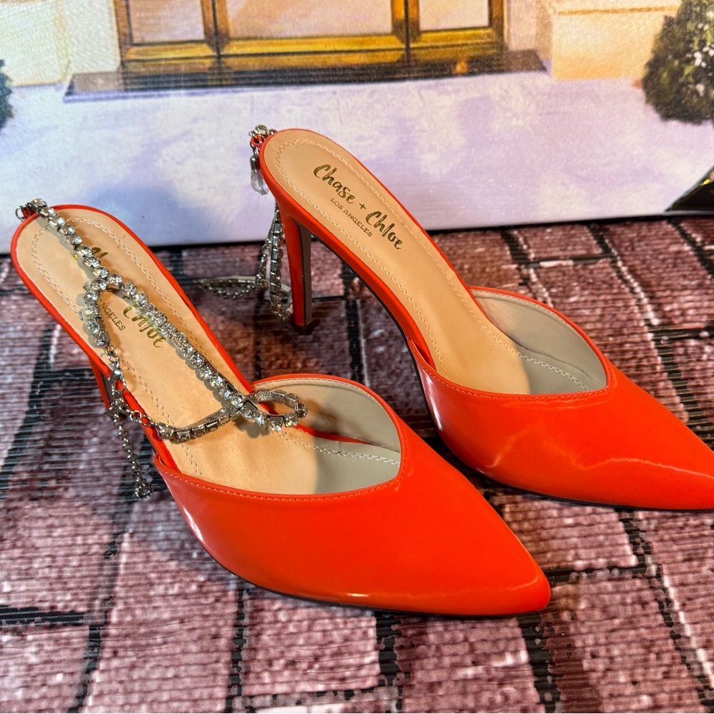 Chase + Chloe Vibrant Orange Heels with Rhinestone Chain Detail